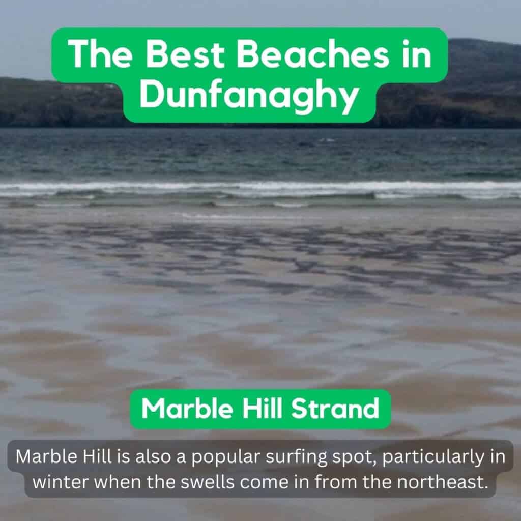 Vibrant green banner with white text highlighting Dunfanaghy beaches.