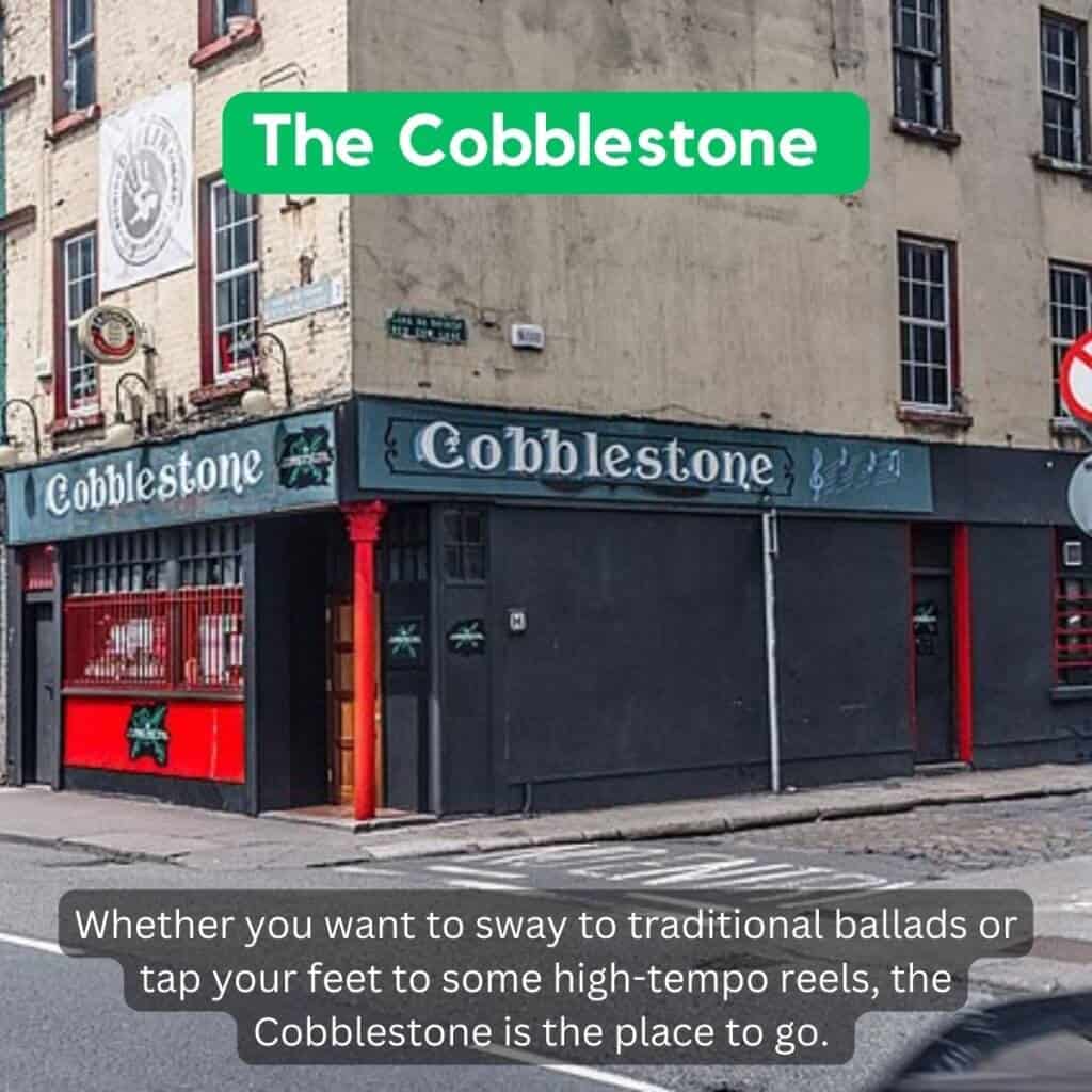 Cobblestone pub sign on a corner in Ireland.