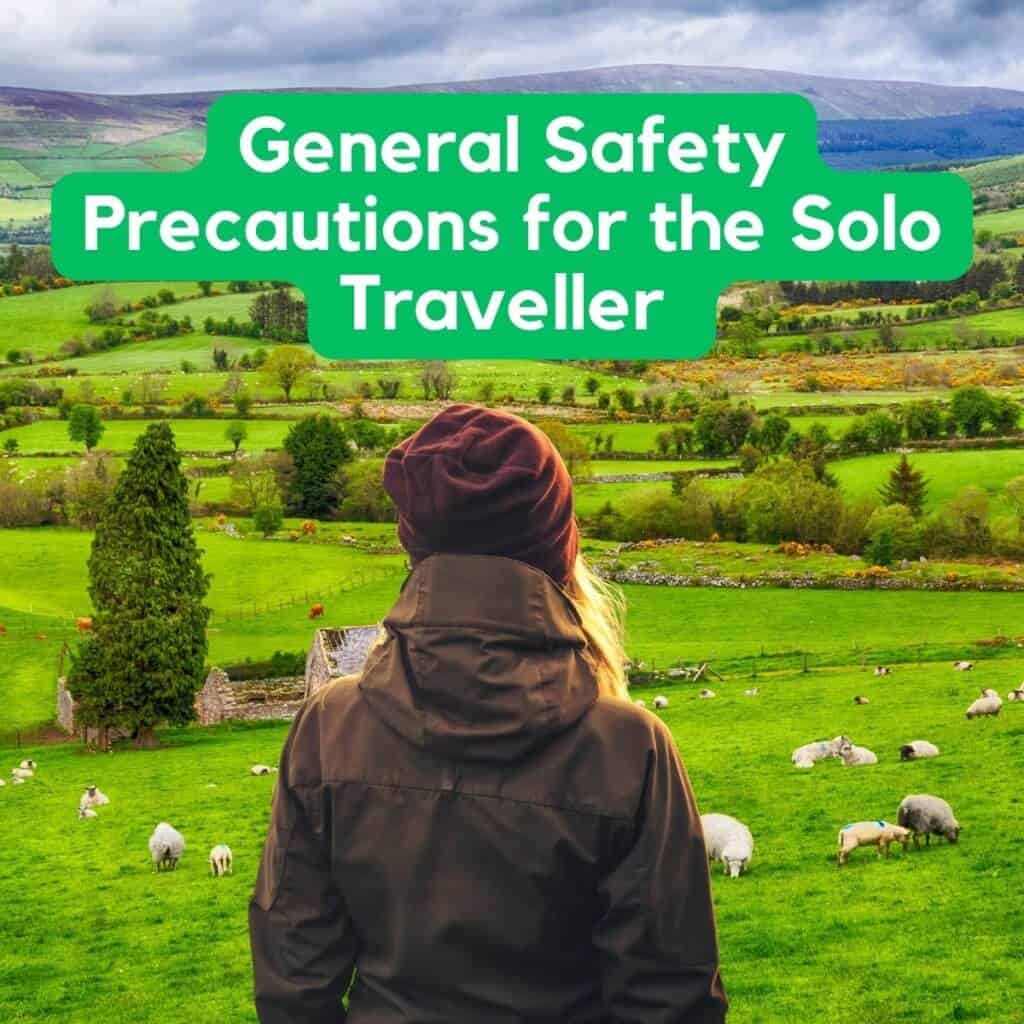 Scenic Irish countryside with a solitary traveler overlooking green pastures and grazing sheep.