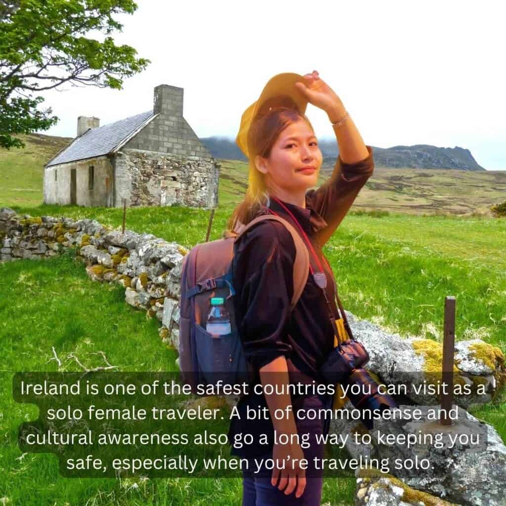 Ireland landscape with woman traveler, scenic countryside, Irish culture and heritage, solo female adventure in Ireland.