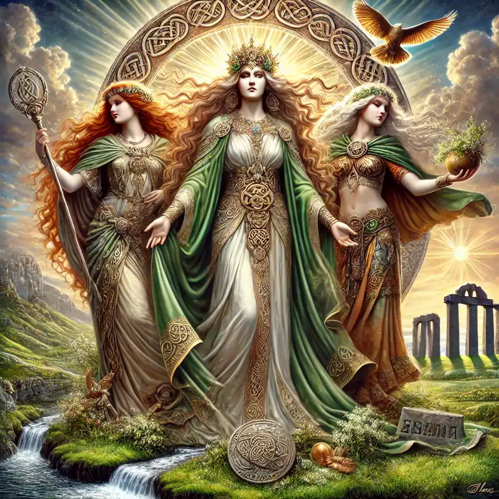 DALL·E 2024-11-22 17.27.41 - A majestic and mythical depiction of Ériu and her sisters, Banba and Fódla, the trio of Celtic goddesses representing the spirit of Ireland. Ériu stan goddess eriu and her sisters