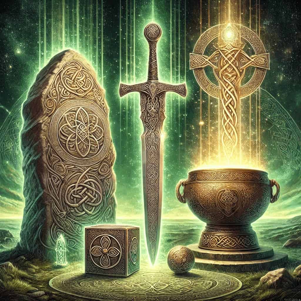 Ancient Celtic artifacts with illuminated symbols and intricate designs.
