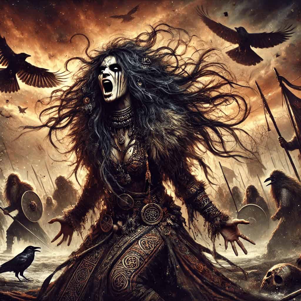 Dark fantasy warrior woman with long flowing hair and tribal armor in a fiery battlefield with ravens and skulls.