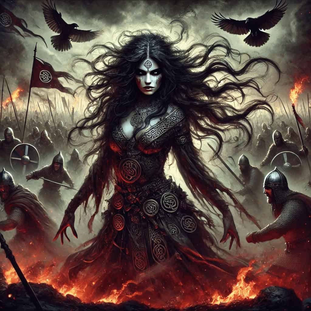 Dark fantasy woman with flowing hair and mythic armor, surrounded by warriors and ravens, amidst fiery battle scene in a dramatic, ominous setting.