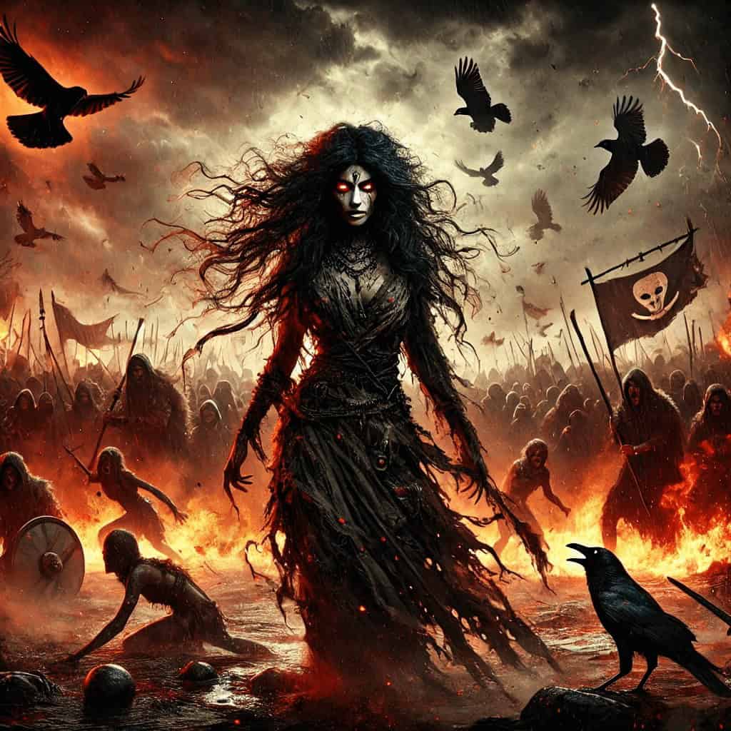 Dark sorceress with glowing red eyes amidst a stormy, fiery battlefield filled with crows and Viking ships.