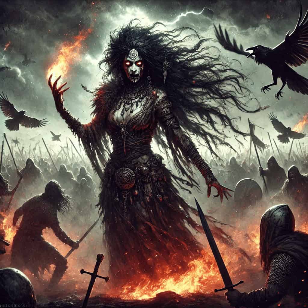 Fictional dark sorceress summoning fire with a fiery glow, surrounded by warriors in a dark fantasy battle scene.