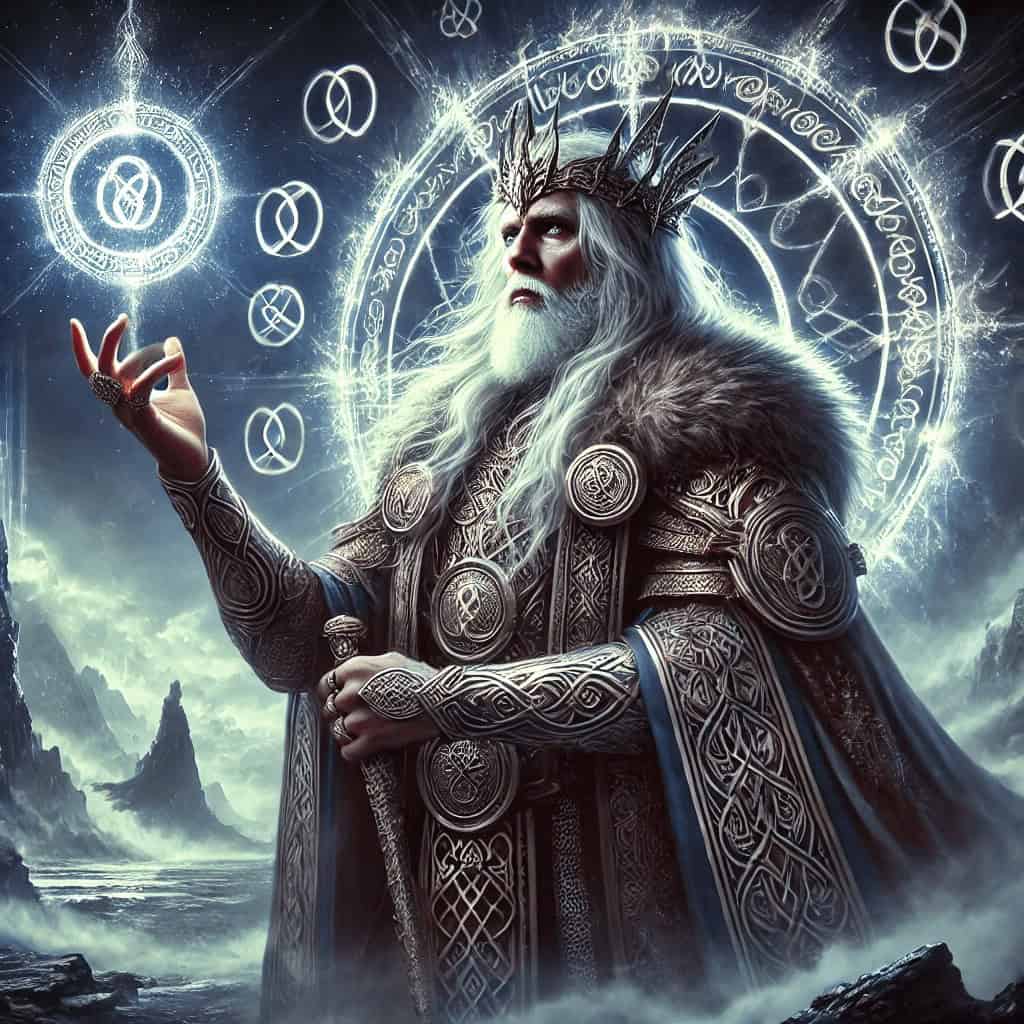 Mighty Norse God Odin with glowing runes and magical symbols, mystical background.