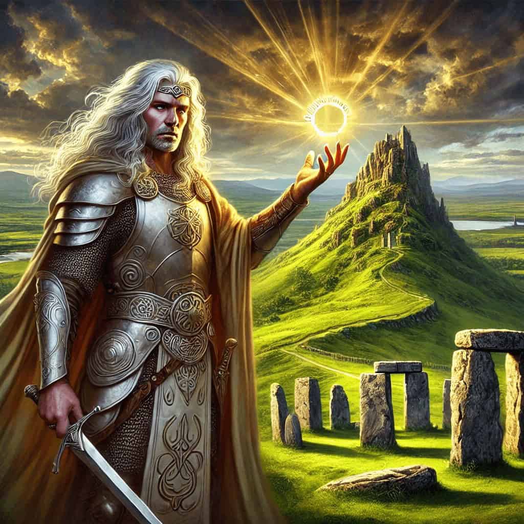 Elderly warrior in armor holding a glowing light over a historic Irish stone circle with a green mountainous landscape.