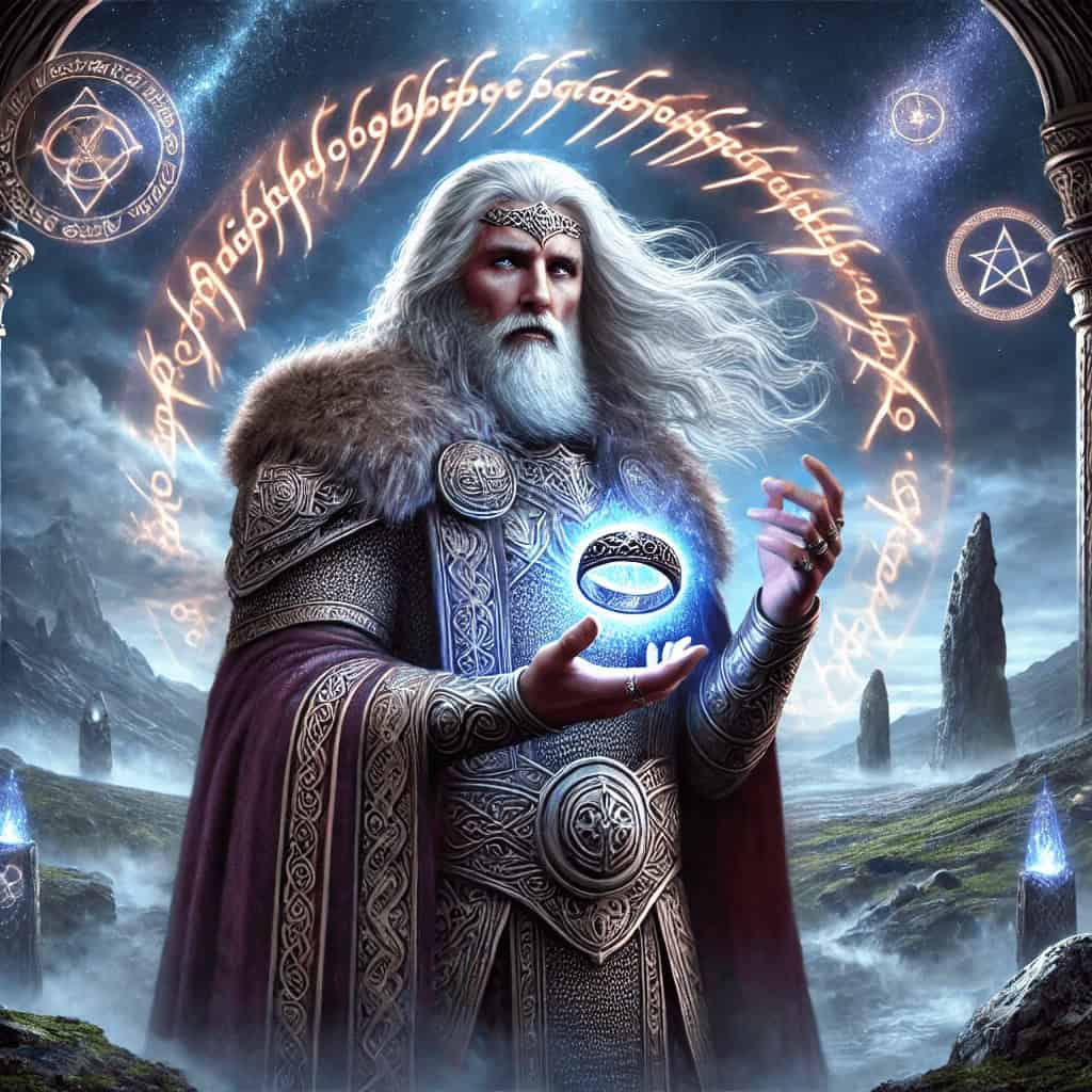 Ancient wizard holding glowing ring with mystical runes in fantasy landscape.