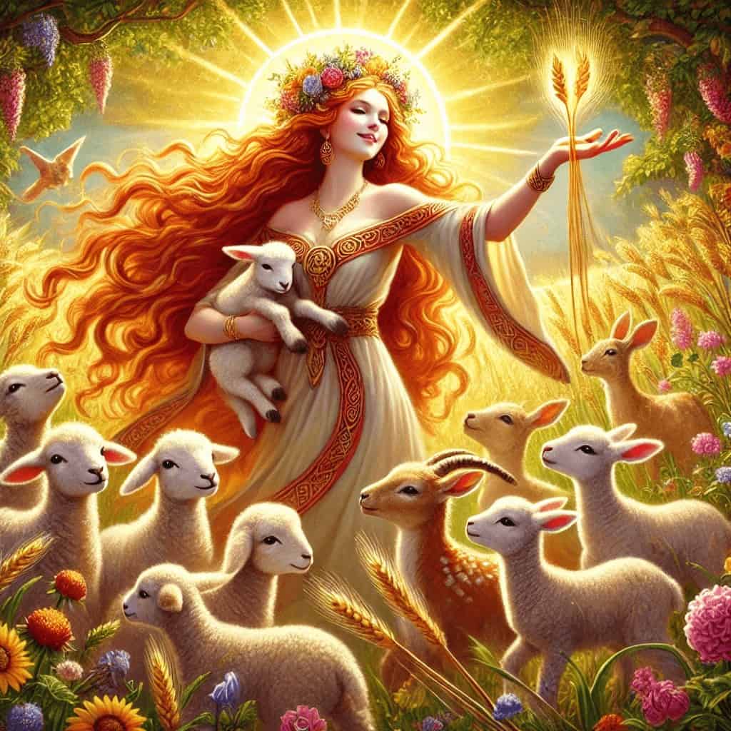 Shepherdess with lambs and sheep in a vibrant, enchanted meadow with flowers and golden sunlight celebrating Ireland's countryside.