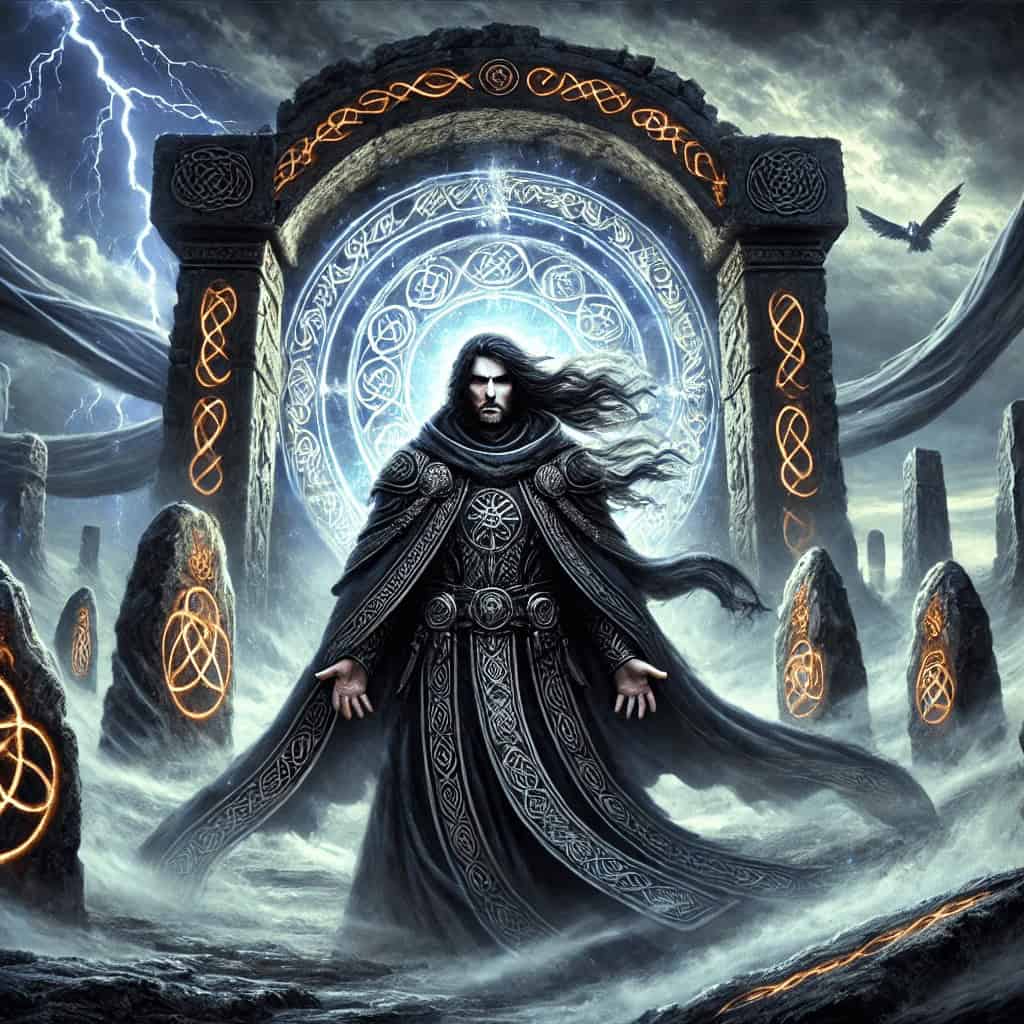 Mysterious male figure in dark robes with runic symbols standing in ancient stone circle.