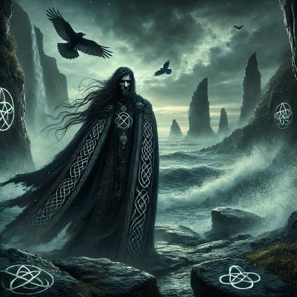 Viking wanderer on rugged Irish coast with sea stacks and crows at dusk.