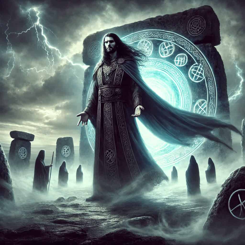 A mystical figure surrounded by ancient stones and glowing symbols under stormy skies in Ireland.