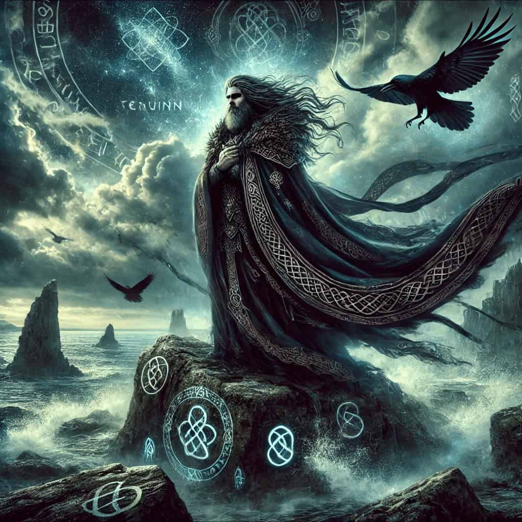 Mystical Viking character with magical symbols over ocean background in fantasy art.