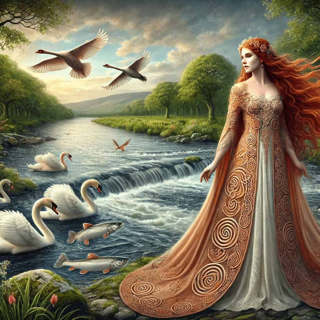 Elegant woman with flowing red hair in Celtic-inspired gown by river with swans and geese, lush greenery, and scenic Irish landscape.