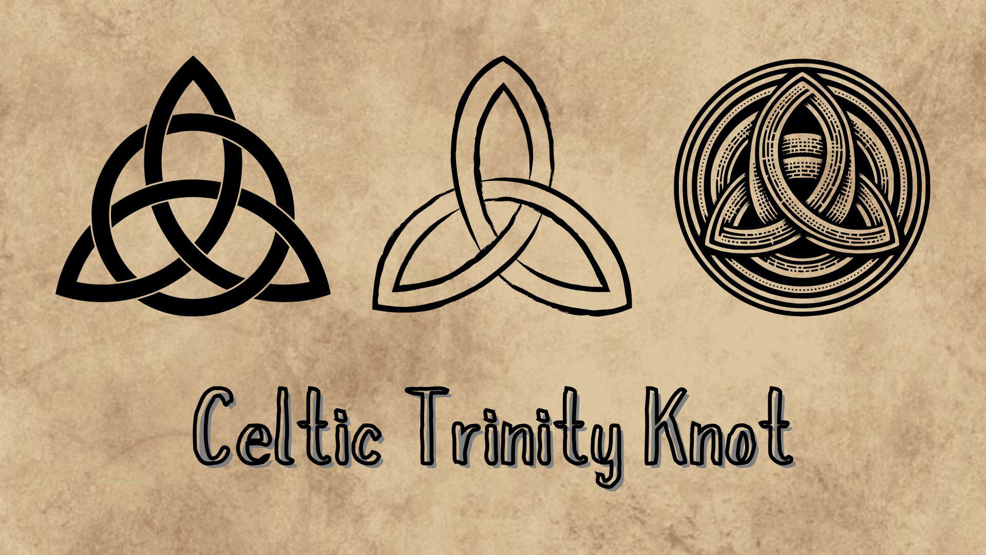 Intricate Celtic Trinity Knot symbols in black on textured beige background.