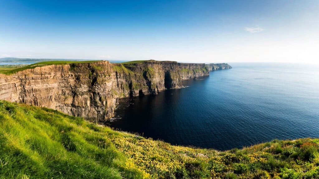 Cliffs of Moher along the Irish coast with lush green foreground and clear blue sky.