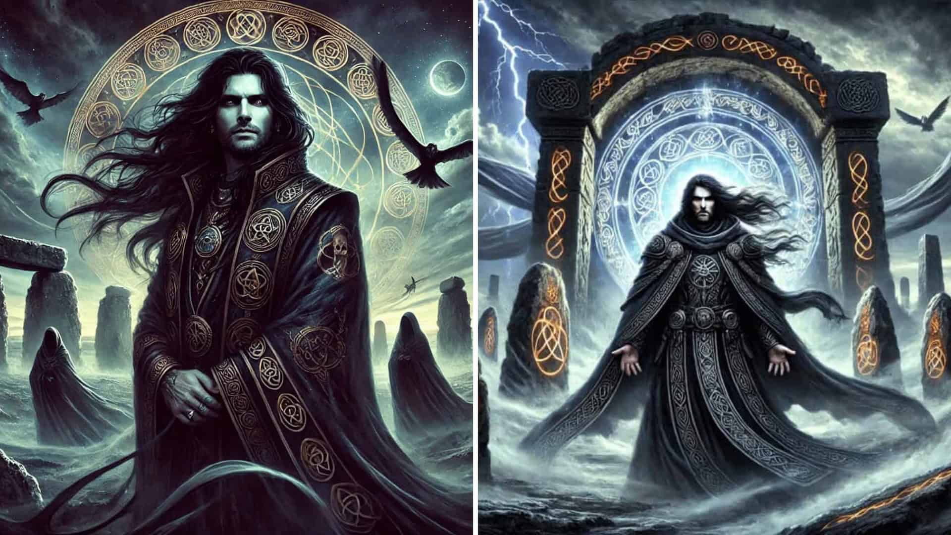 Mystical mage in dark robes with runic symbols and a magical portal.