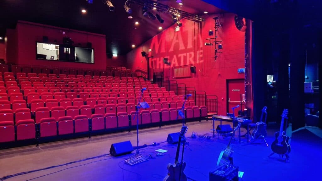 Empty theatre stage ready for performance in Ireland, stage setup with guitars and microphones.
