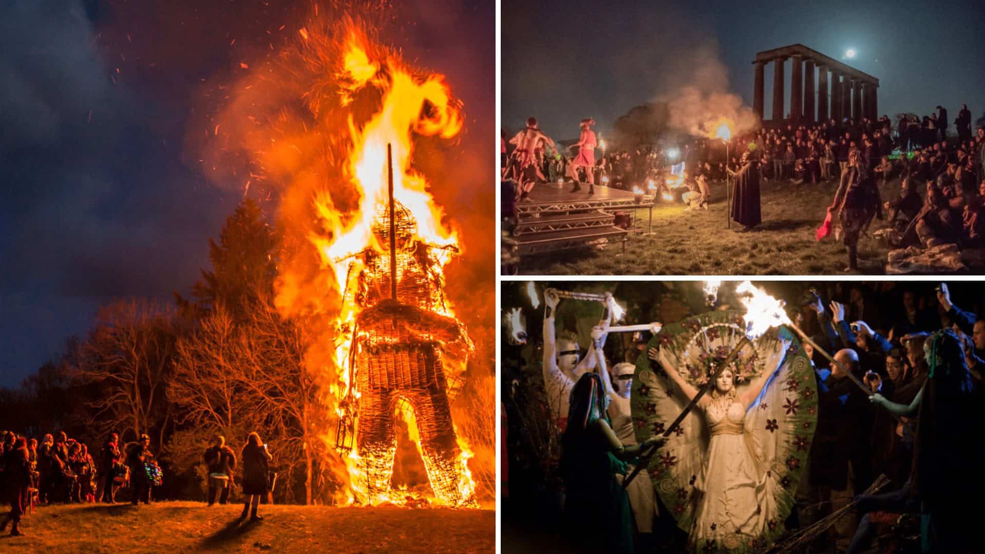 Bonfire night celebration in Ireland featuring a large burning wooden effigy.