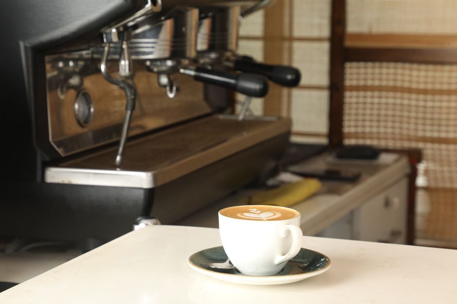 A cup of coffee with latte art sits in front of an elegant espresso machine indoors.