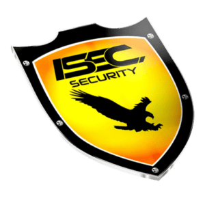 ISEC Security shield logo with eagle emblem for security services.