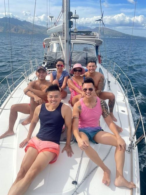 Beautiful tropical sea with friends on a yacht in the Philippines.