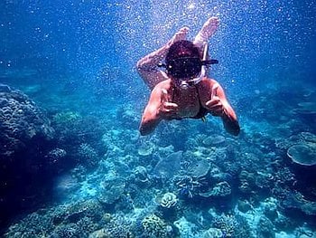 A person snorkeling underwater, surrounded by colorful coral reefs and bubbles, gives a thumbs-up gesture to their companions on the boat tour.