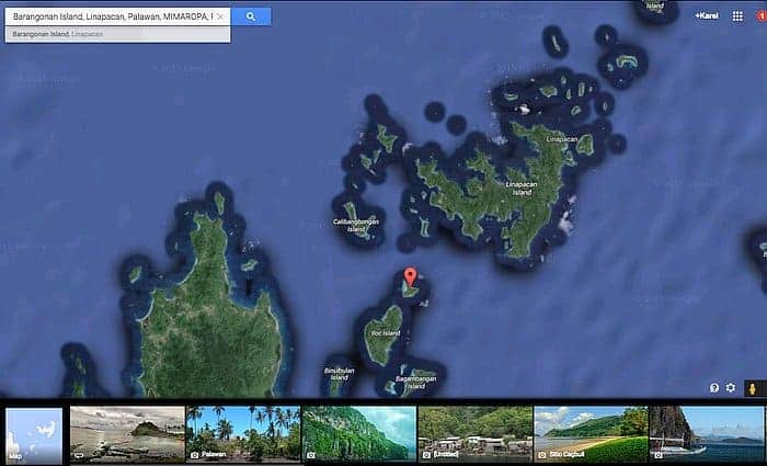 Map view of Barangonan Island and surrounding islands in Palawan, Philippines, with a location pin on a small island, perfect for planning an unforgettable boat tour or island hopping adventure.
