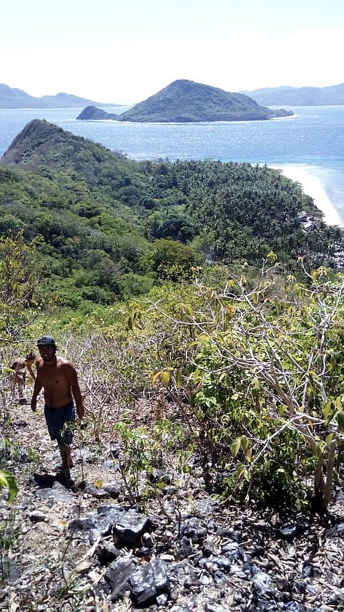A person climbs a grassy hillside overlooking a lush tropical landscape with dense green vegetation and a calm sea, perfect for island hopping. Small islands are visible in the distance under a clear blue sky.
