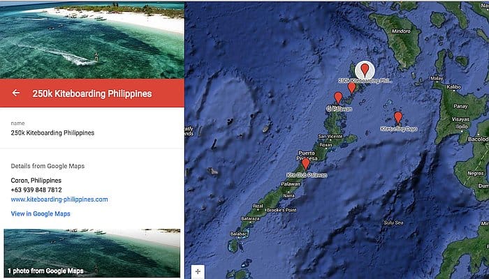 A satellite map view displays kiteboarding spots in the Philippines, with red markers indicating each location. On the left, "250k Kiteboarding Philippines" provides contact details and a website link. Discover ideal sites for kitesurfing while considering island hopping adventures.