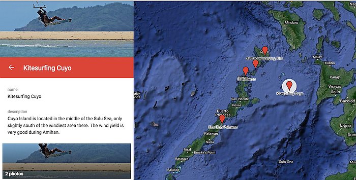 A split image captures the thrill of kitesurfing on the left, while on the right, a map of Cuyo Island in the Philippines highlights prime kiteboarding spots with red markers. The backdrop showcases the beautiful Sulu Sea area.