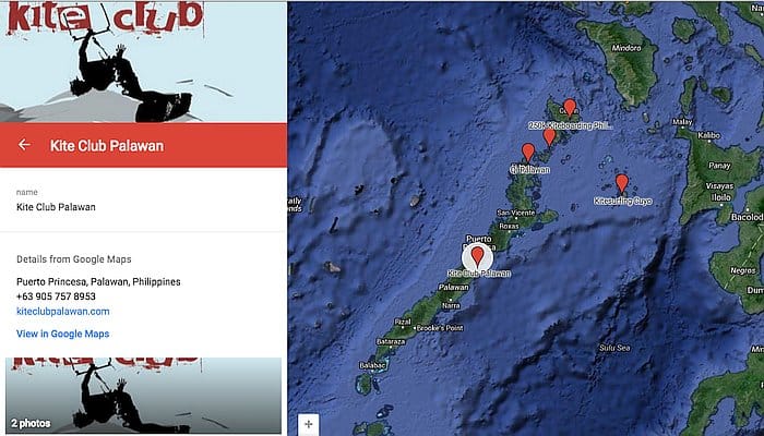 A map of Palawan, Philippines, highlights kitesurfing locations with markers. The left side displays details about Kite Club Palawan, featuring contact information and an image of a kite surfer. Explore the beauty of island hopping alongside thrilling kitesurfing adventures.