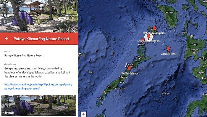A map of the Philippines highlights several locations with red markers. A panel on the left details "Patoyo Kitesurfing Nature Resort," featuring descriptions and small photos of a beach and bungalow, perfect for kitesurfing enthusiasts and ideal for adventurous boat tours.