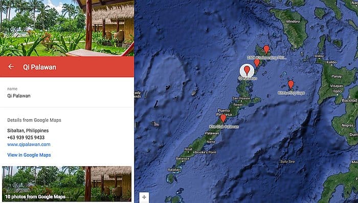 Screenshot of Qi Palawan's location on a map, highlighting nearby islands and the ocean. An info box features contact details and images, showcasing lush greenery and a thatched structure. Perfect for those seeking kiteboarding adventures or serene boat tours in Palawan's stunning landscape.