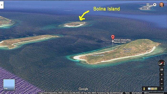 Aerial view of a group of small Palawan islands surrounded by blue ocean. One island is labeled "Bolina Island" with a yellow arrow, while another is marked with a pin labeled "Palaya Kitesurfing Nature Camp," perfect for an adventurous boat tour to discover each deserted island's hidden treasures.