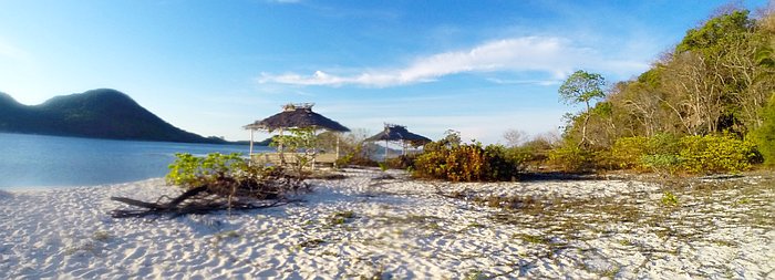 A serene beach scene with thatched umbrellas, white sand, lush greenery, and calm blue water under a clear sky invites you to unwind. Nearby, a boat tour offers the perfect opportunity to explore the tranquil surroundings from a different perspective.