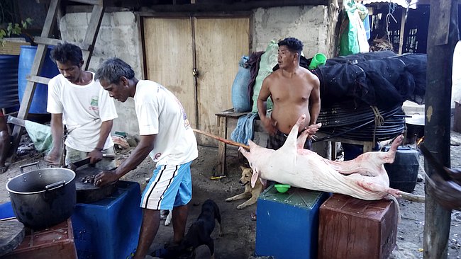 Three men prepare a pig for cooking in an outdoor setting, with one chopping and another standing nearby, as laughter echoes from the nearby boat tour on the glistening river.