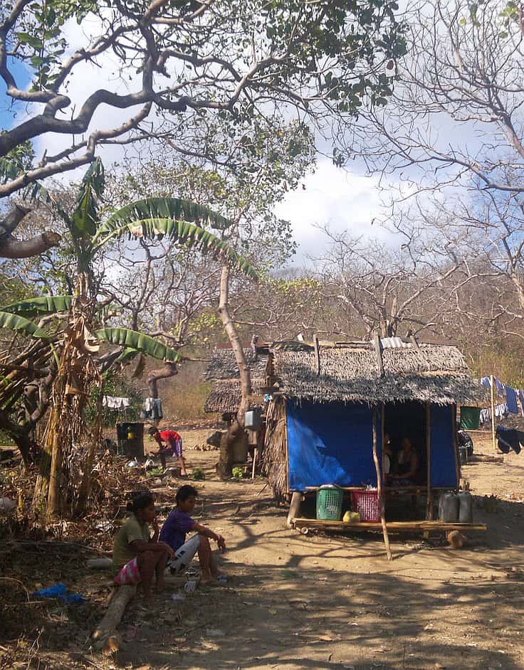 A rural scene with a small hut made of natural materials, surrounded by dry trees and banana plants, resembles a tranquil pit stop between island hopping adventures. Two people sit outside on chairs while another is partially visible inside the hut. The sky above is partly cloudy.