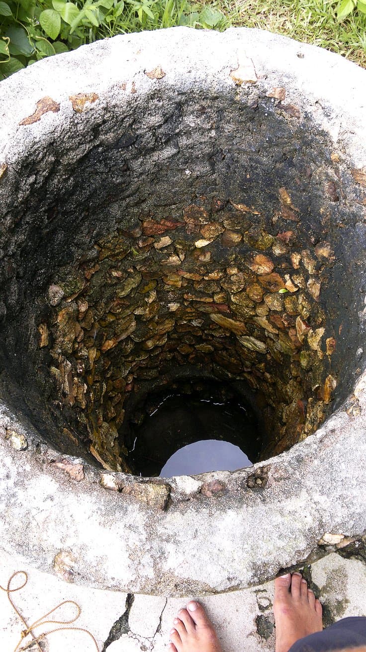 A person's feet stand near the edge of an old, stone-lined well with water visible at the bottom. The ground around the well is cracked, and there is rope nearby. Lush green plants surround the area, reminiscent of a hidden gem discovered while island hopping through untamed landscapes.