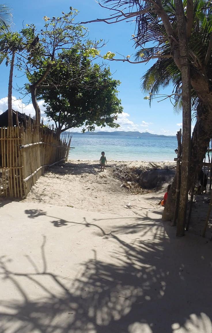 A serene beach scene with a child at the shore, possibly dreaming of future island hopping adventures. Palm trees and a bamboo fence frame the sandy path leading to the calm, blue ocean under a clear sky. Shadows create an inviting, peaceful atmosphere.