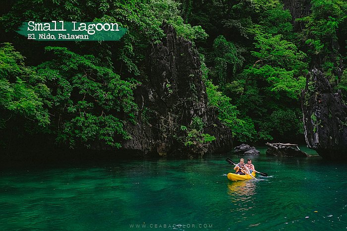 Two people kayaking in a vibrant green lagoon surrounded by lush cliffs in Small Lagoon, El Nido, experience the beauty of this paradise often explored on a boat tour.