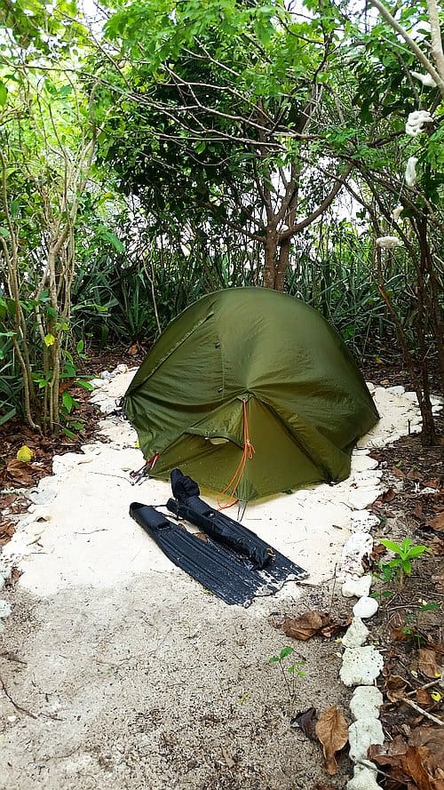 Camping on Dimancal island tent area C new tent set up with big flippers