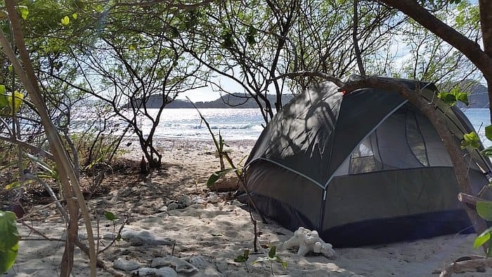 Beach camping tent setup under trees in the Philippines.