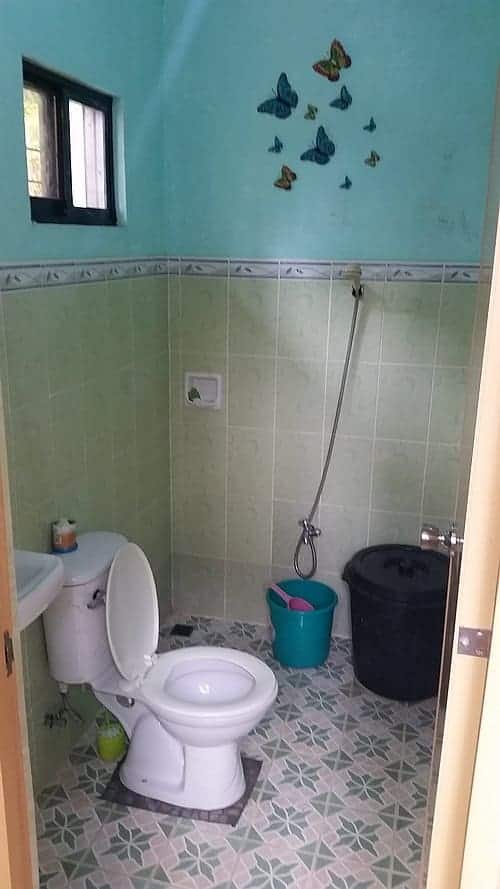 A small bathroom with light green tiles evokes the tranquil waters of Coron. There's a toilet with an open lid, a black bucket, and a blue bucket with a scoop on the floor. A wall-mounted bidet hose is next to the toilet. Above, butterfly decorations flutter as if island hopping in paradise.