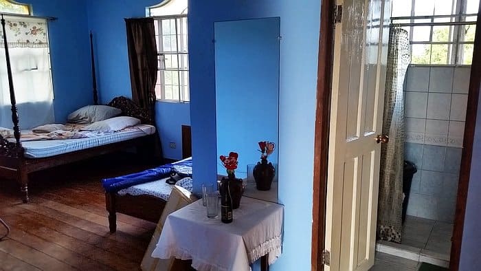 A cozy bedroom with blue walls, a wooden bed on the left, and a white table adorned with decorative items reflects a Coron-inspired charm. An open door leads to a tiled bathroom with a shower, while natural light filters in through the windows, evoking the serenity of rural island hopping adventures.