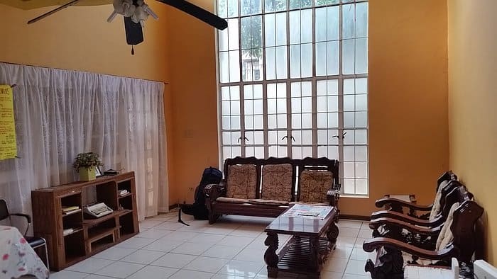 A cozy living room with yellow walls and a high ceiling evokes a rural charm, featuring a wooden sofa set with cushions, a small wooden shelf filled with books, and a potted plant. The large windows let in natural light, creating a bright atmosphere reminiscent of sunny days in Coron.
