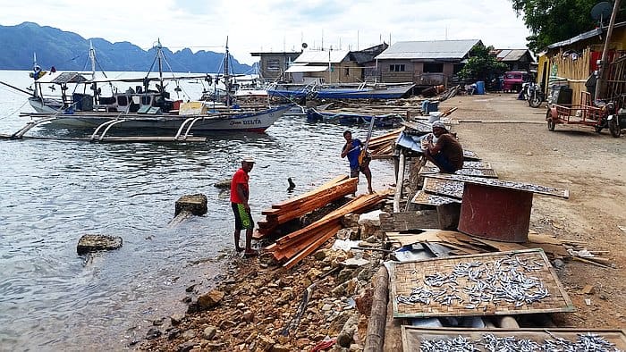 In the rural coastal scene, three people work by the water. Two handle wooden planks while one sits nearby, watching fish dry on racks in the foreground. Boats hint at potential tours, as buildings and mountains frame the picturesque backdrop.