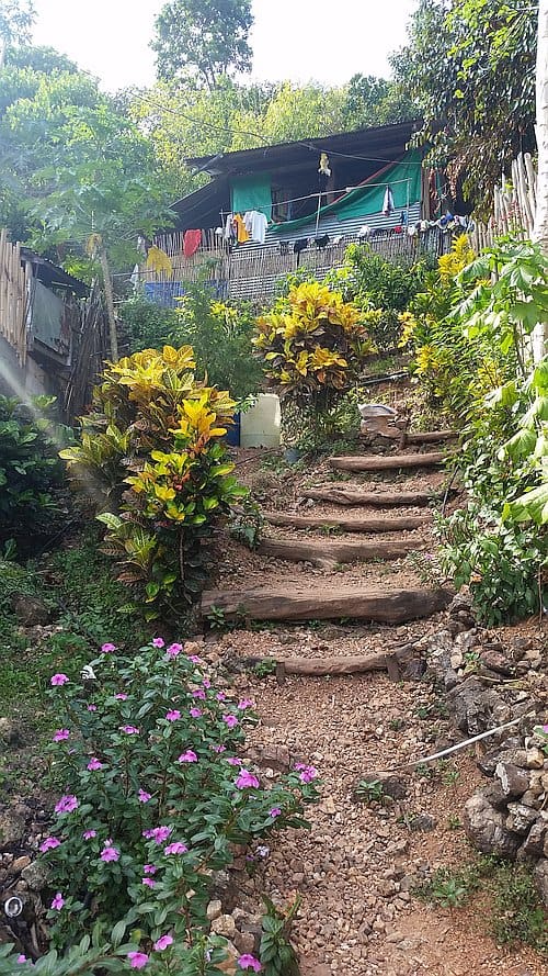 A rustic stone path with wooden steps leads up to a rural house. Lush greenery and flowering plants border the path. The house, reminiscent of an island hopping retreat, has colorful laundry hanging outside and is partially obscured by trees.