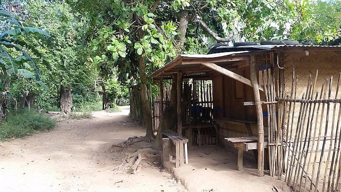A rustic wooden shelter with benches stands by a dirt path, surrounded by lush green trees in this rural escape. A wooden fence lines the area, and there is a small thatched roof, creating a serene setting reminiscent of an island hopping adventure.